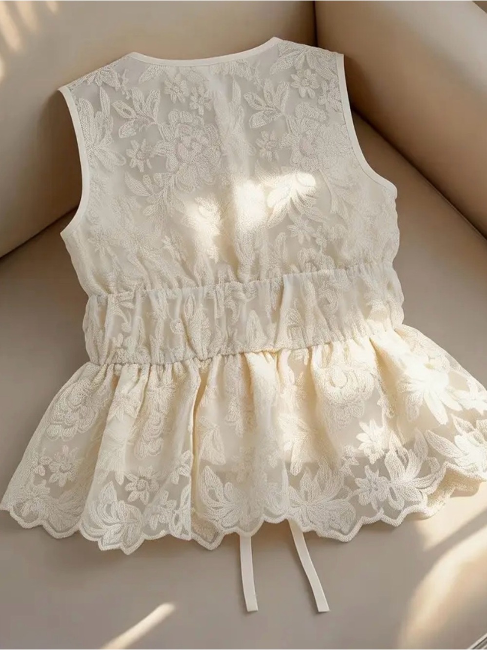 Ivory Lace Tie-Front Peplum Top - Picture 2 of 3